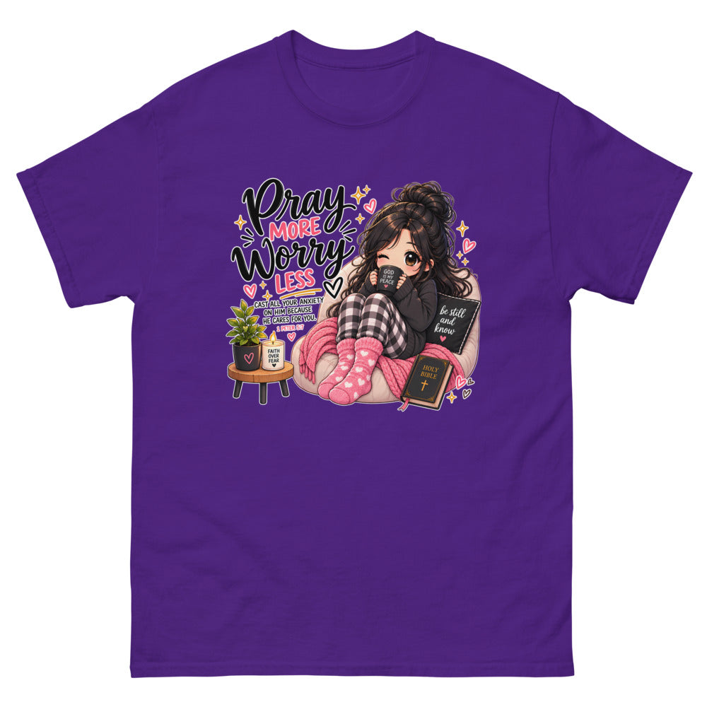 Cozy chibi girl with a mug and Bible with the words Pray More Worry Less on a Purple shirt