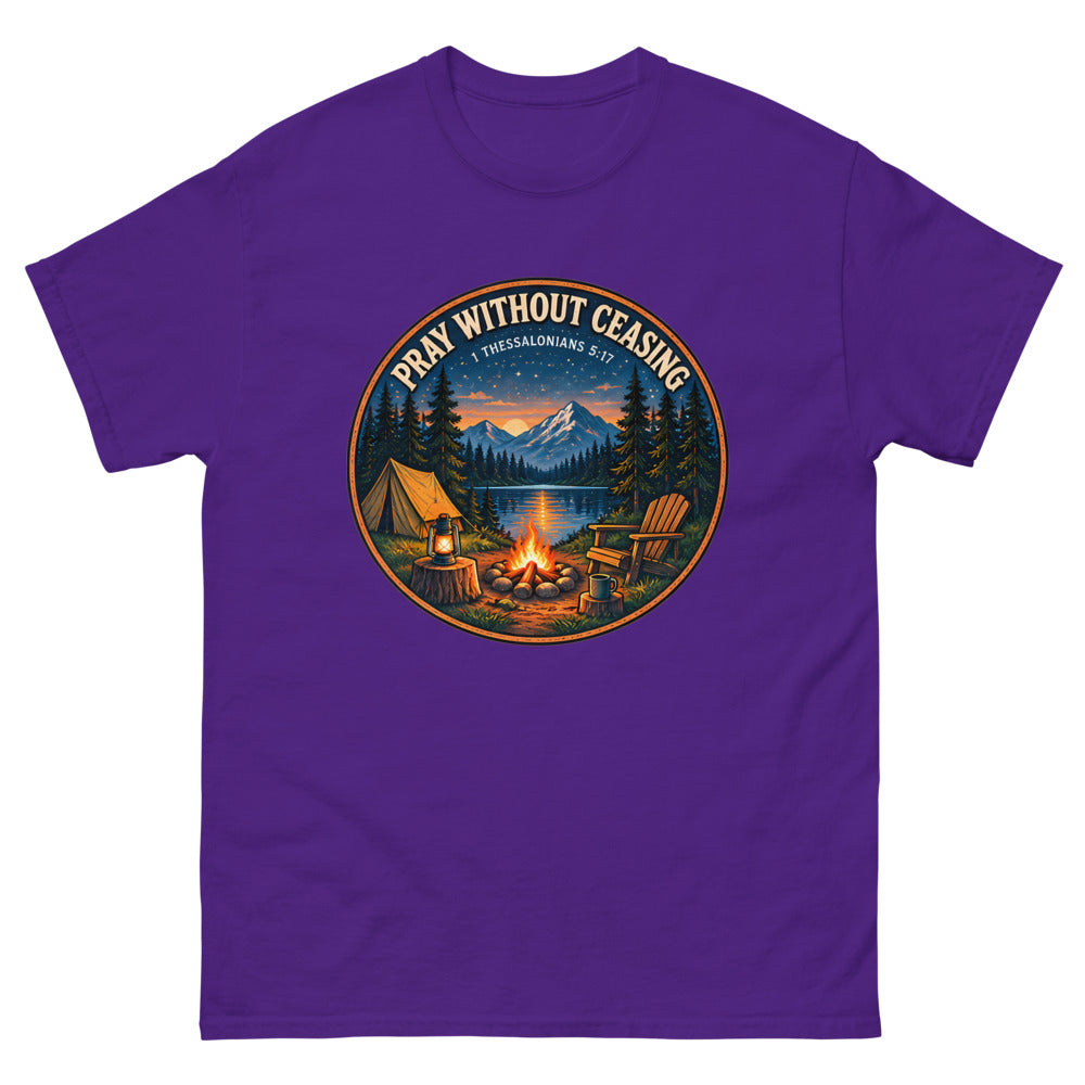 Round campfire and tent badge at night reading Pray Without Ceasing on a Purple shirt