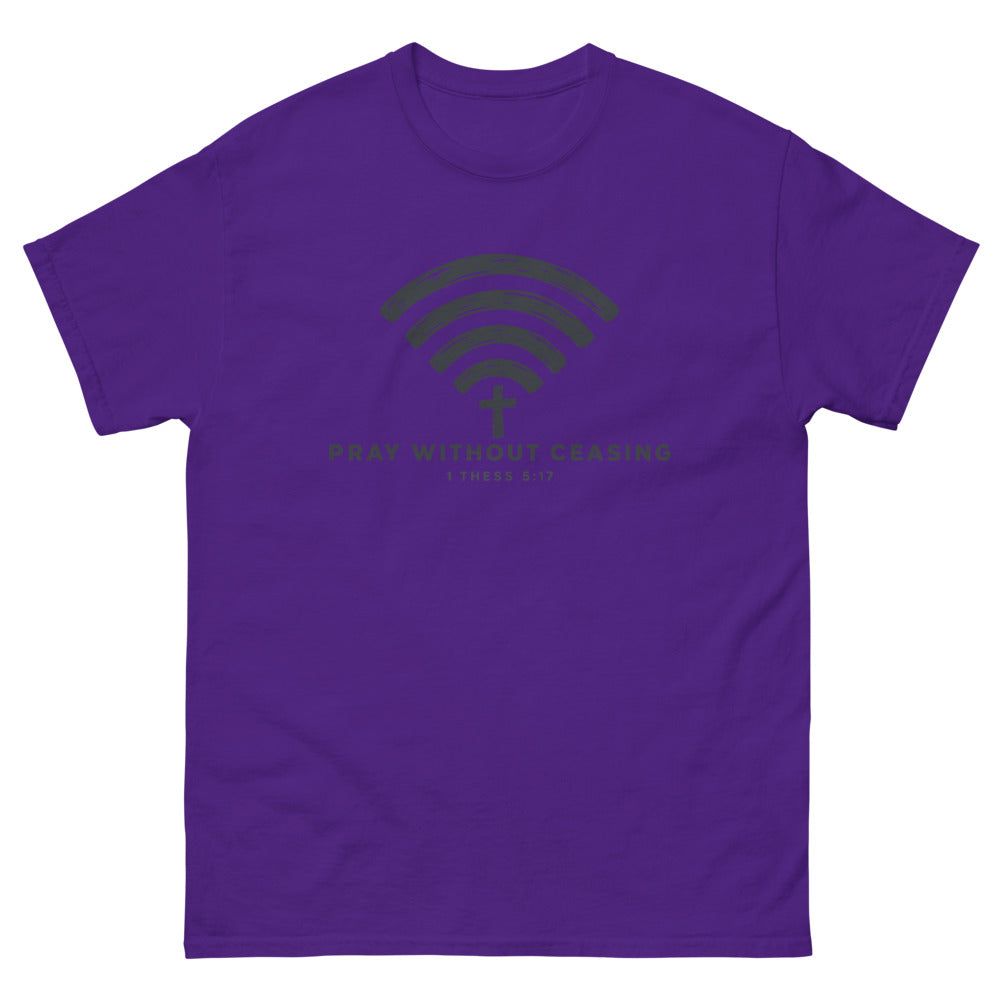 Brush drawn wi-fi symbol with a cross and the words Pray Without Ceasing on a Purple shirt
