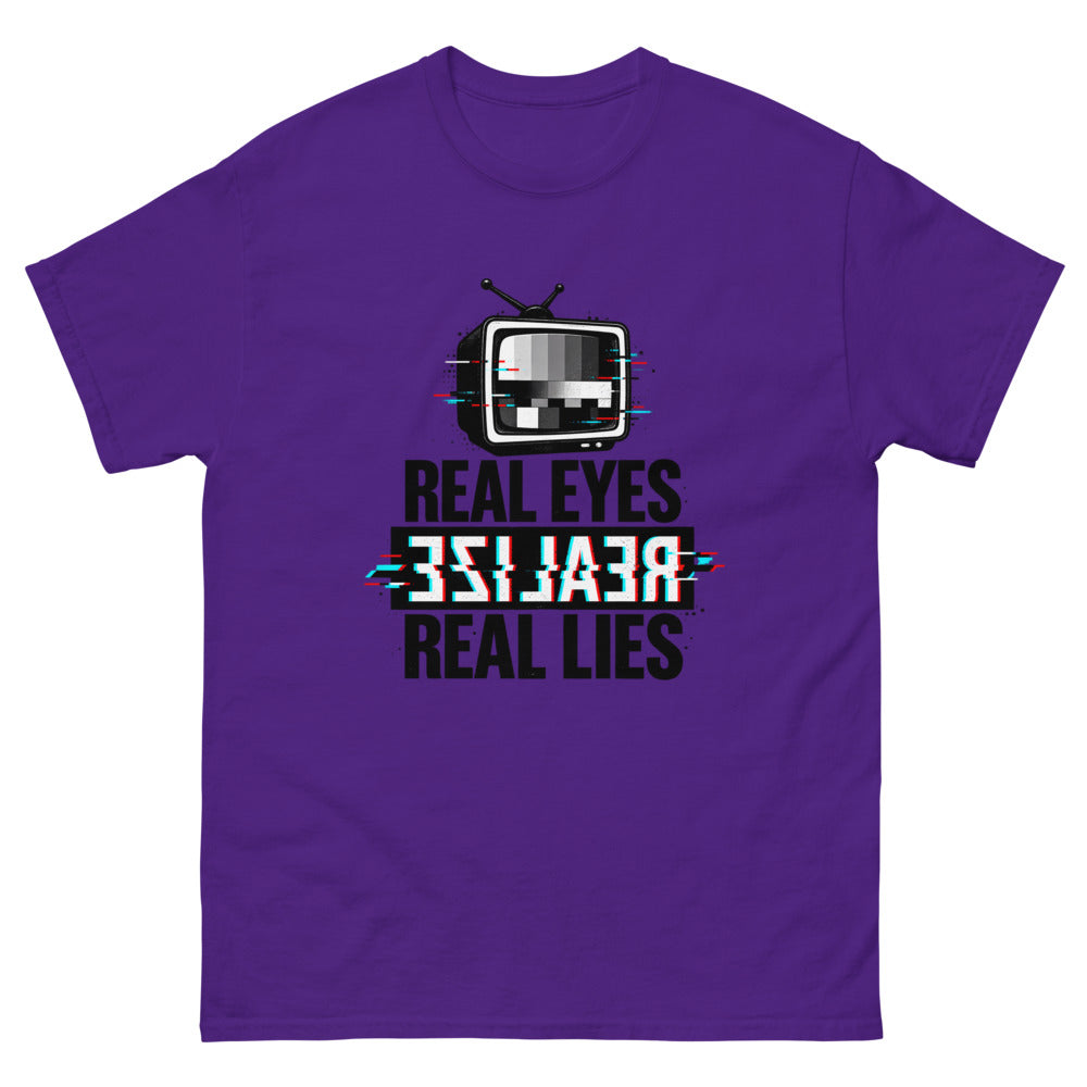 Glitching retro television with the words Real Eyes Realize Real Lies on a Purple shirt