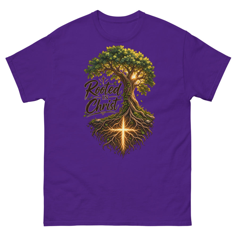 Detailed tree with a glowing cross in its roots and the words Rooted In Christ on a Purple shirt