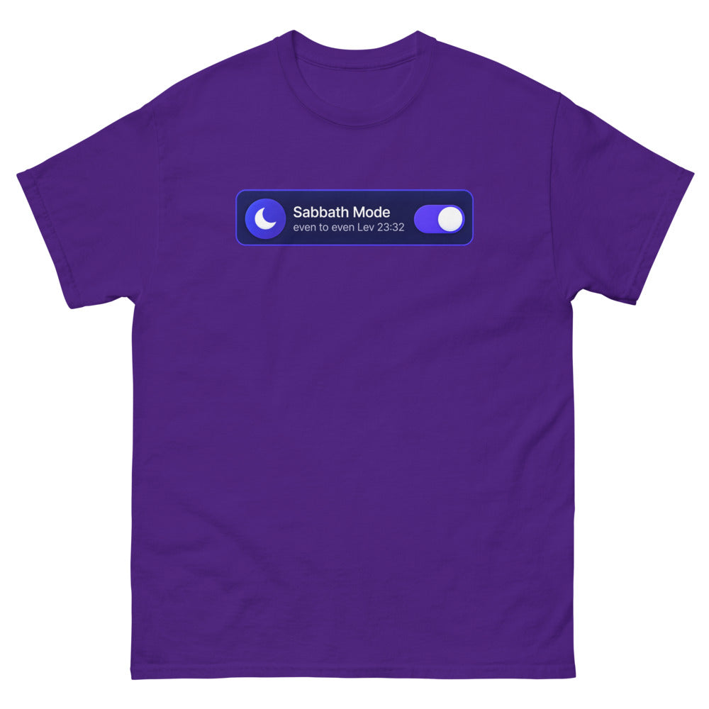 Phone settings toggle switched on reading Sabbath Mode, even to even on a Purple shirt