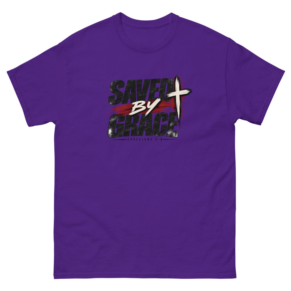 Streetwear lettering with a red brush stroke and cross reading Saved By Grace on a Purple shirt
