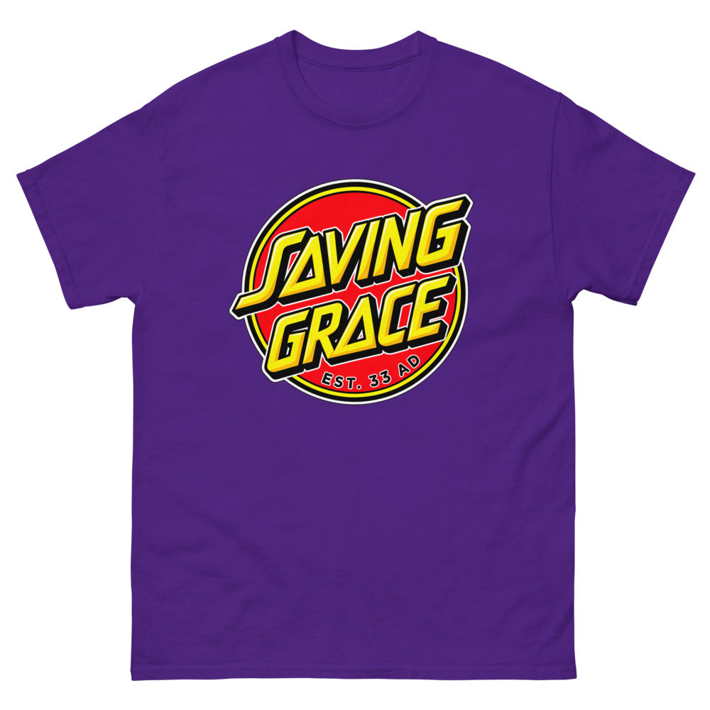 Red circle skate logo reading Saving Grace, Est. 33 AD on a Purple shirt