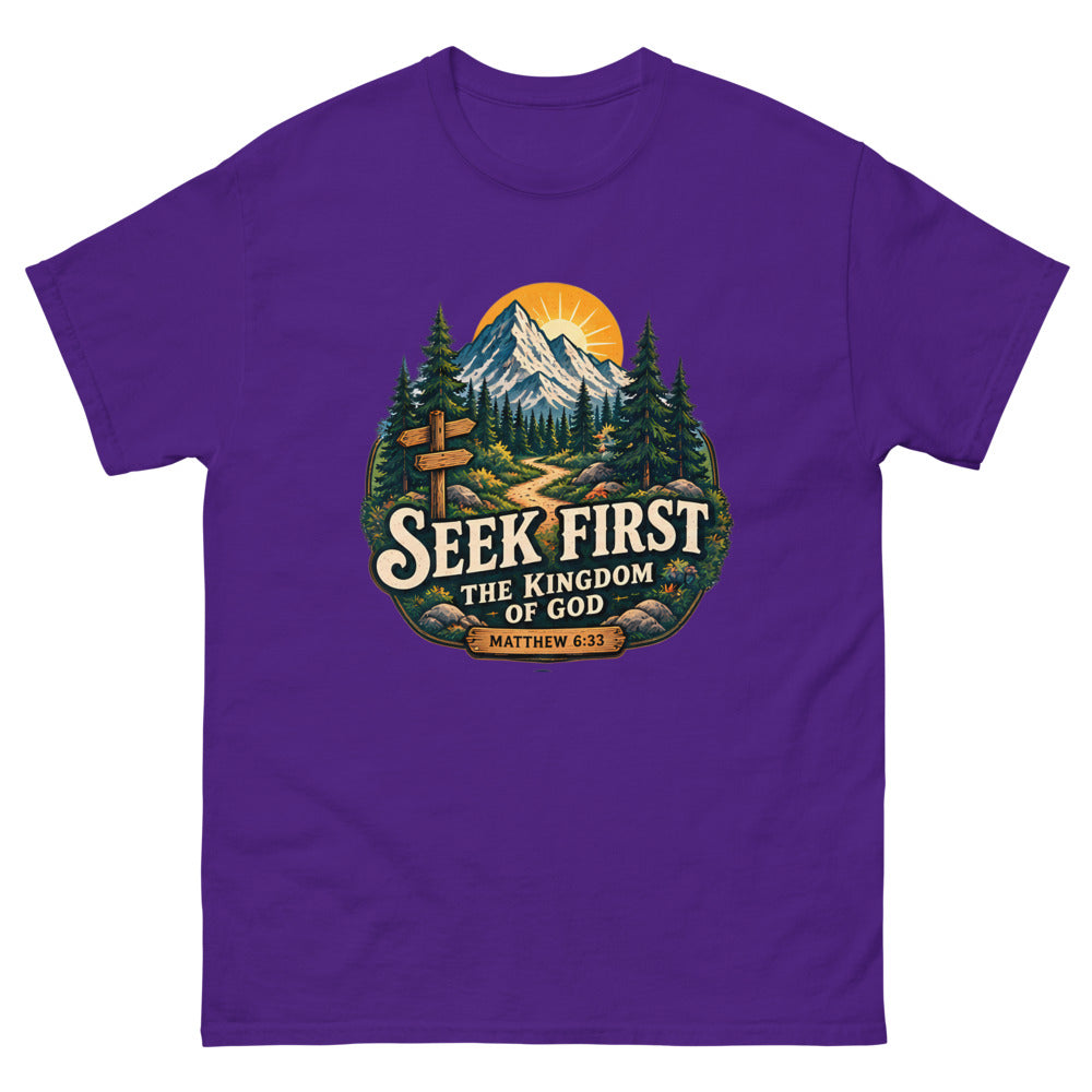 Vintage trail badge with mountains and a signpost reading Seek First The Kingdom Of God on a Purple shirt