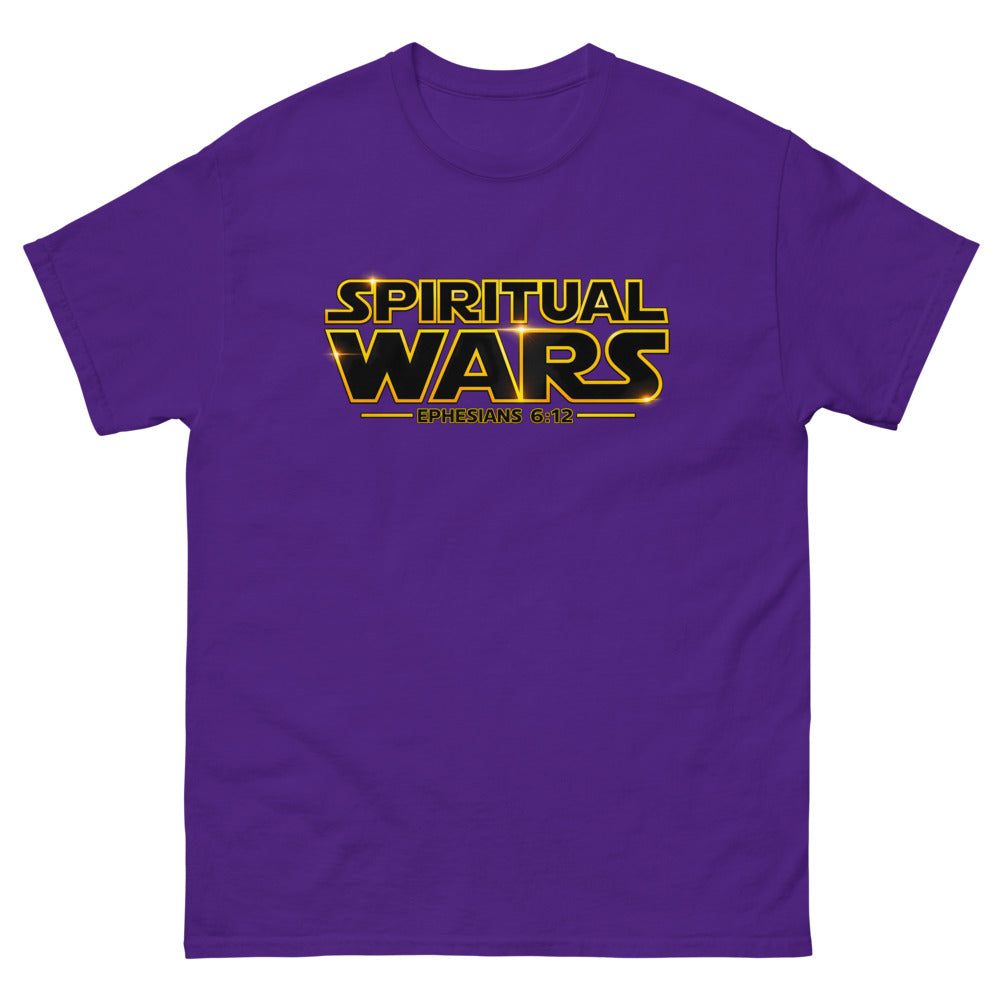 Film logo parody reading Spiritual Wars with Ephesians 6:12 on a Purple shirt
