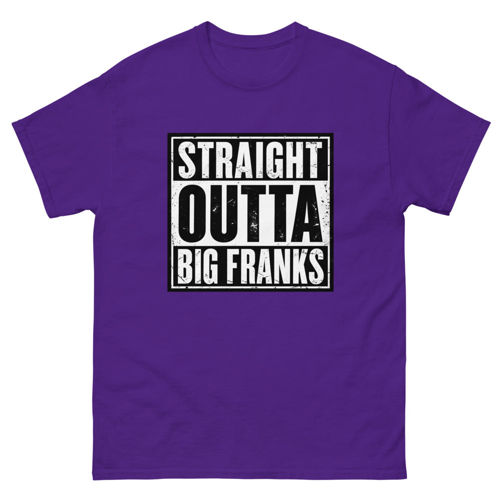 Distressed block lettering reading Straight Outta Big Franks on a Purple shirt
