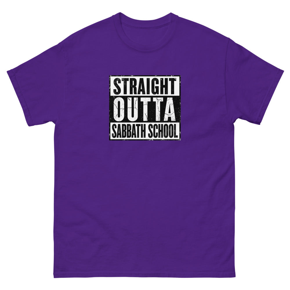 Distressed block lettering reading Straight Outta Sabbath School on a Purple shirt