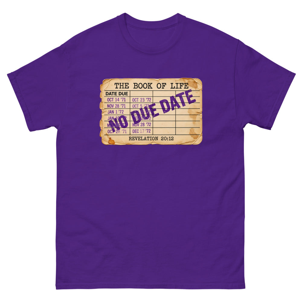 Vintage library due date card headed The Book Of Life stamped No Due Date on a Purple shirt