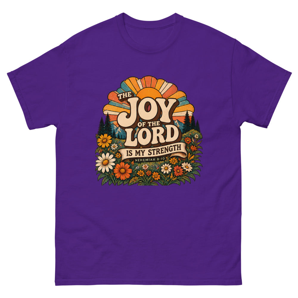 Retro sunburst and wildflowers reading The Joy Of The Lord Is My Strength on a Purple shirt