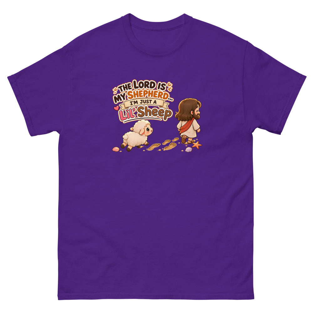 Chibi Jesus walking ahead of a little sheep with the words The Lord Is My Shepherd I'm Just A Lil Sheep on a Purple shirt