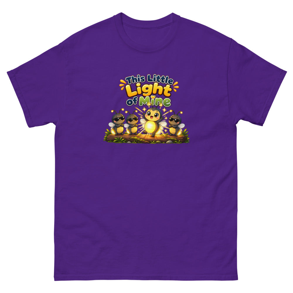 Glowing cartoon firefly with three others in sunglasses and the words This Little Light Of Mine on a Purple shirt