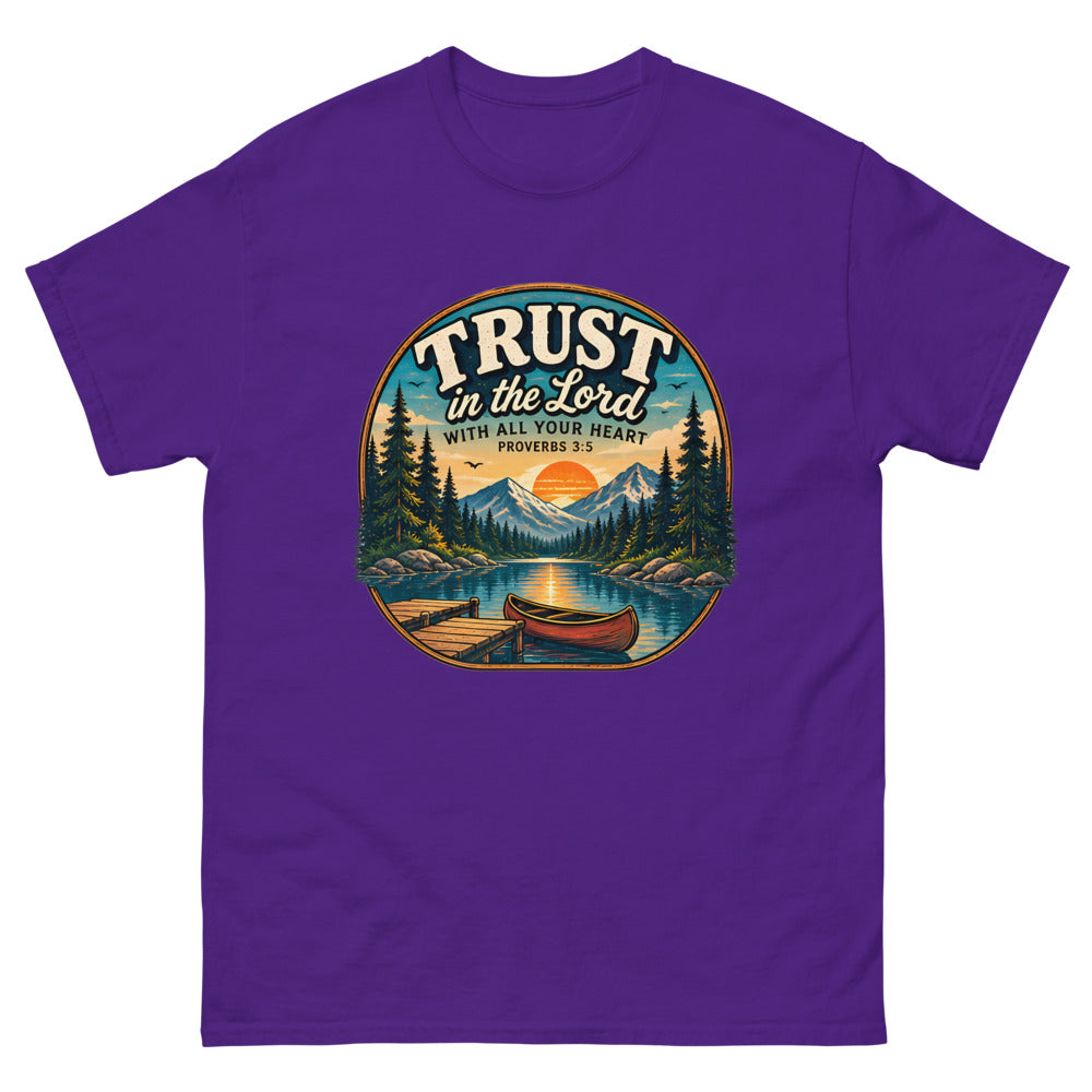 Round lakeside badge with a canoe and dock reading Trust In The Lord With All Your Heart on a Purple shirt
