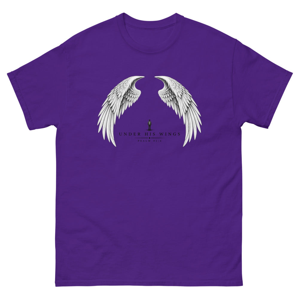 Line art angel wings with a small figure between them and the words Under His Wings on a Purple shirt