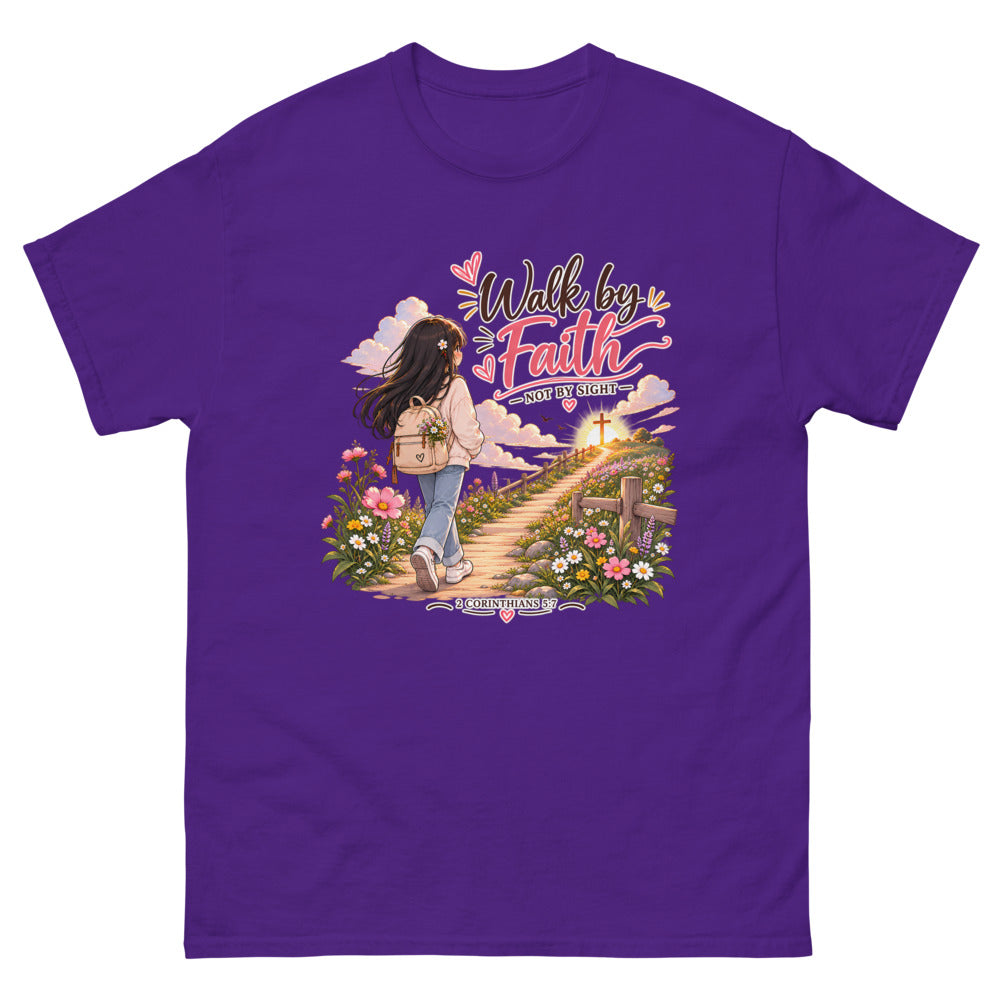 Chibi girl walking a flower-lined path toward a cross with the words Walk By Faith Not By Sight on a Purple shirt