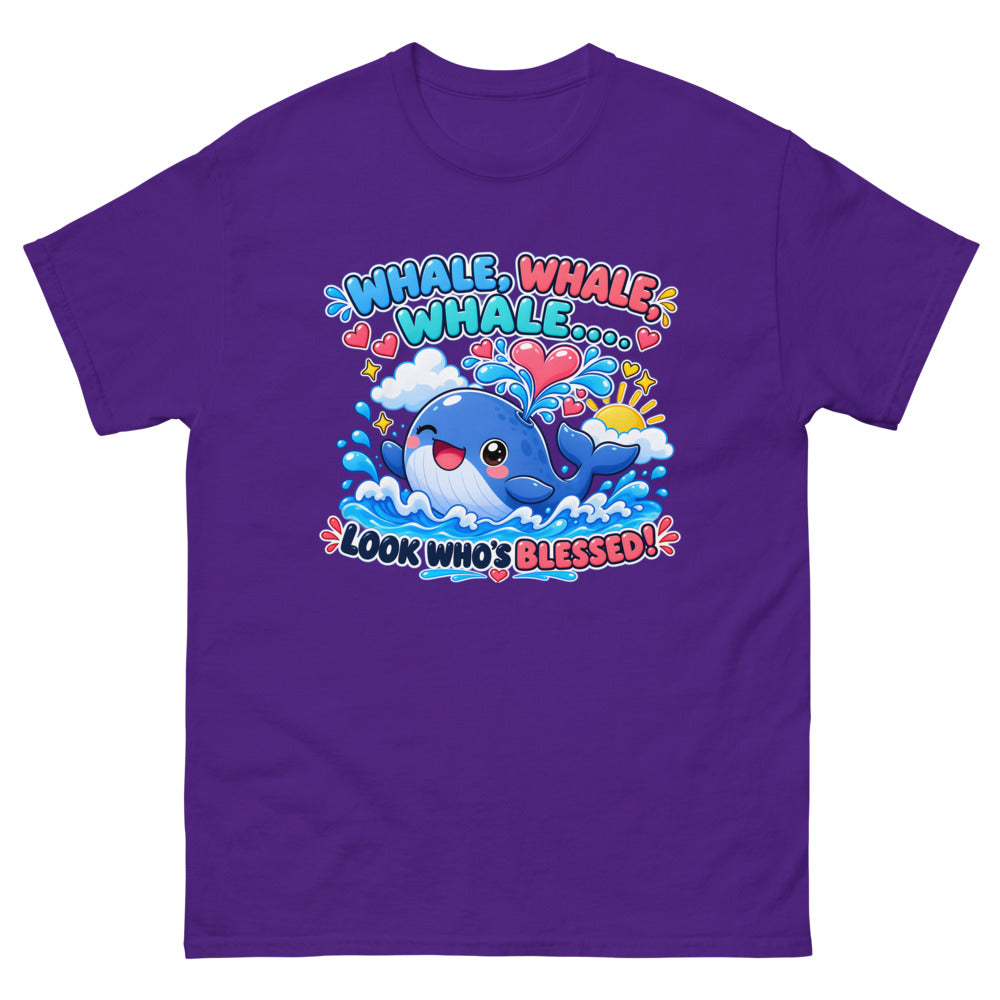 Cartoon whale spouting hearts with the words Whale Whale Whale Look Who's Blessed on a Purple shirt