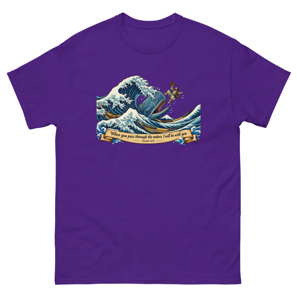 Woodblock style great wave with Jonah and a whale and the words When you pass through the waters I will be with you on a Purple shirt