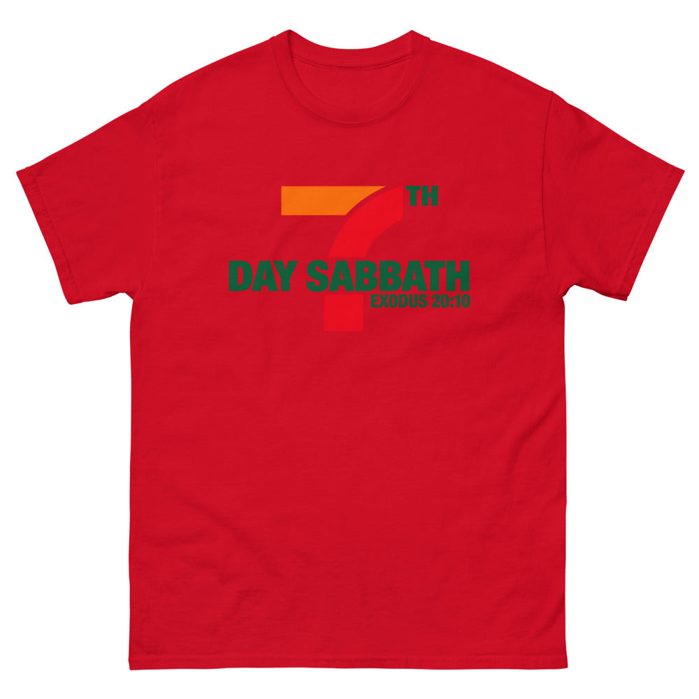 Orange red and green sign parody reading 7th Day Sabbath, Exodus 20:10 on a Red shirt