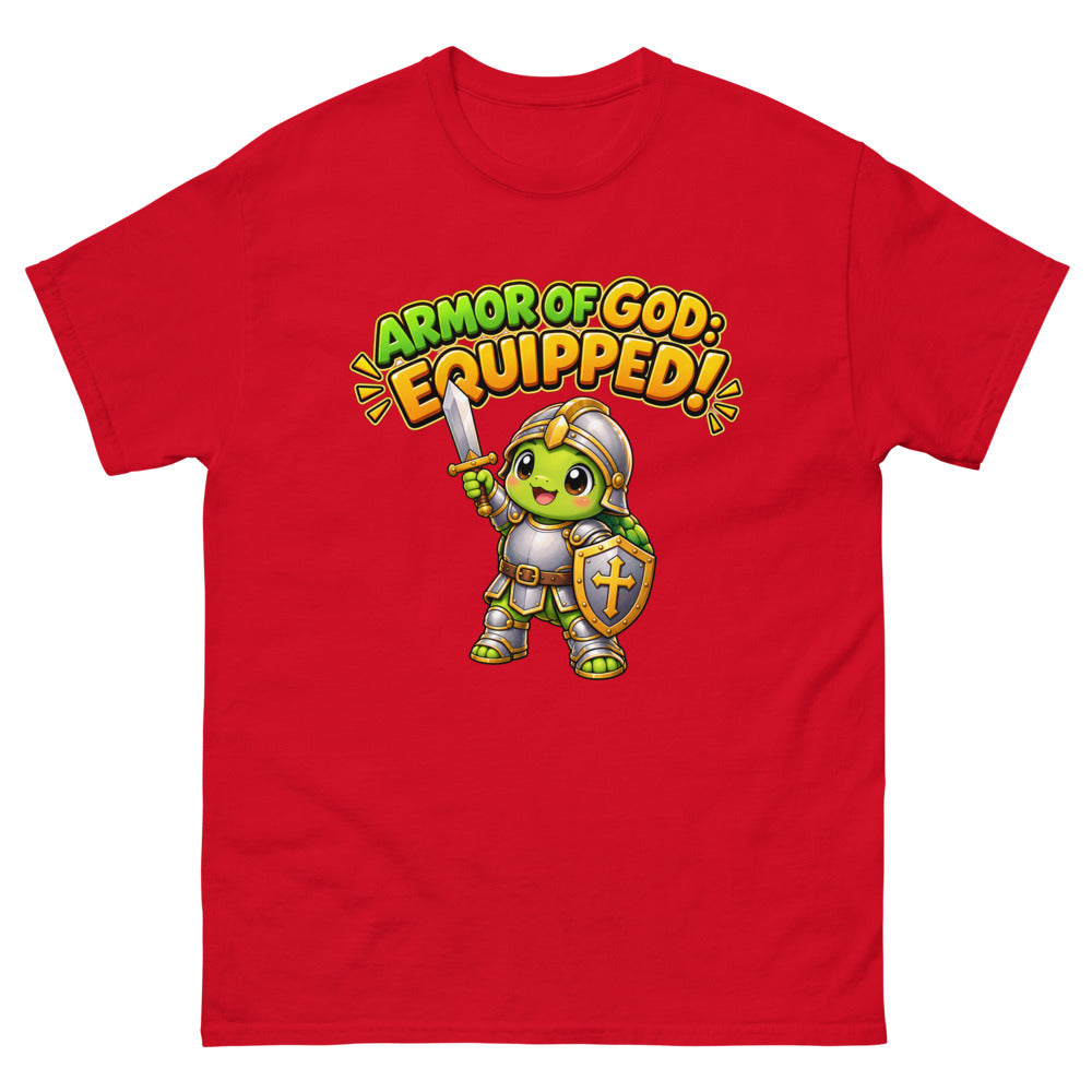Cartoon turtle in knight armor with sword and shield and the words Armor Of God Equipped on a Red shirt