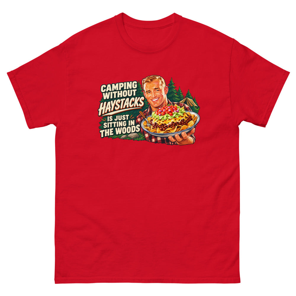 Retro illustration of a camper holding a plate of haystacks with the words Camping Without Haystacks Is Just Sitting In The Woods on a Red shirt