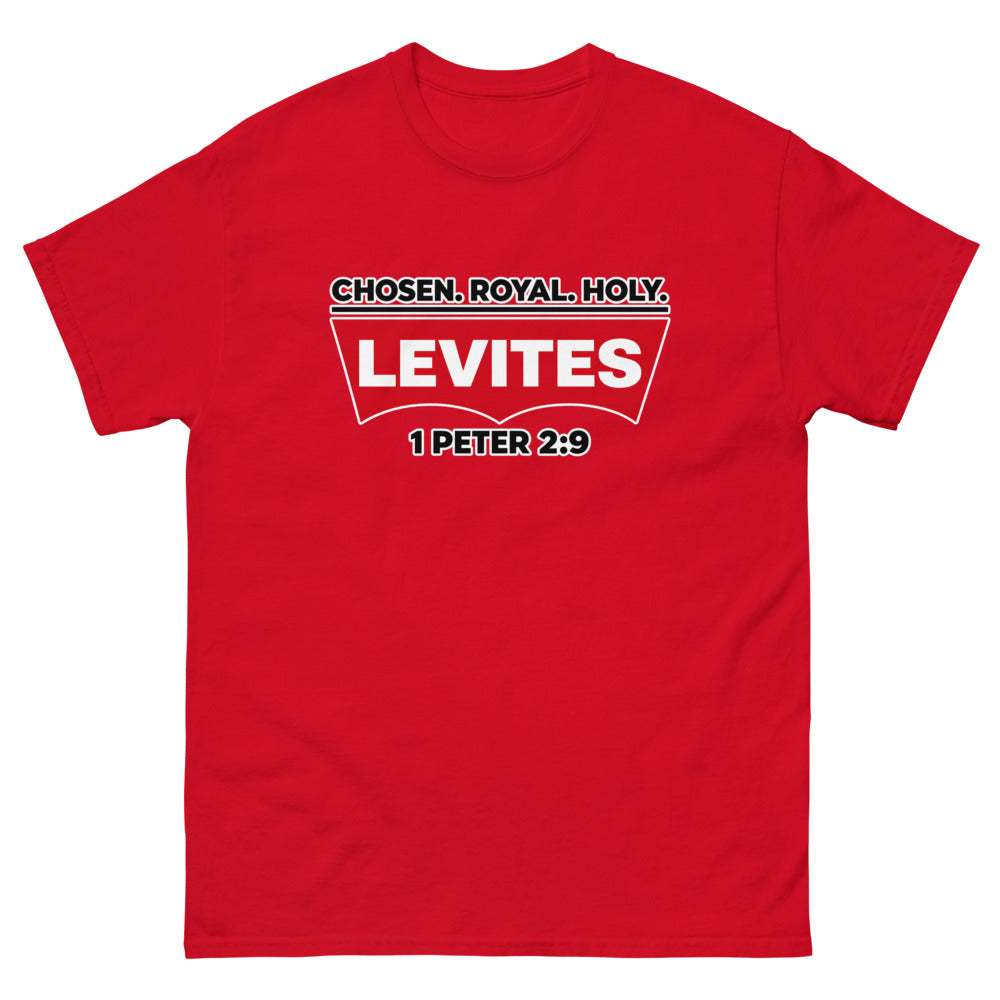 Red batwing patch reading Levites with Chosen Royal Holy and 1 Peter 2:9 on a Red shirt