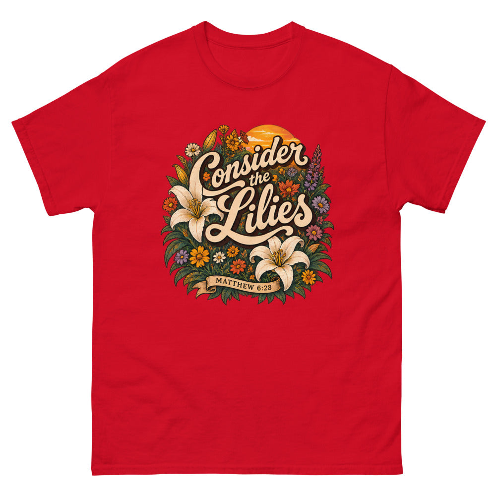 Retro floral illustration with lilies reading Consider The Lilies on a Red shirt