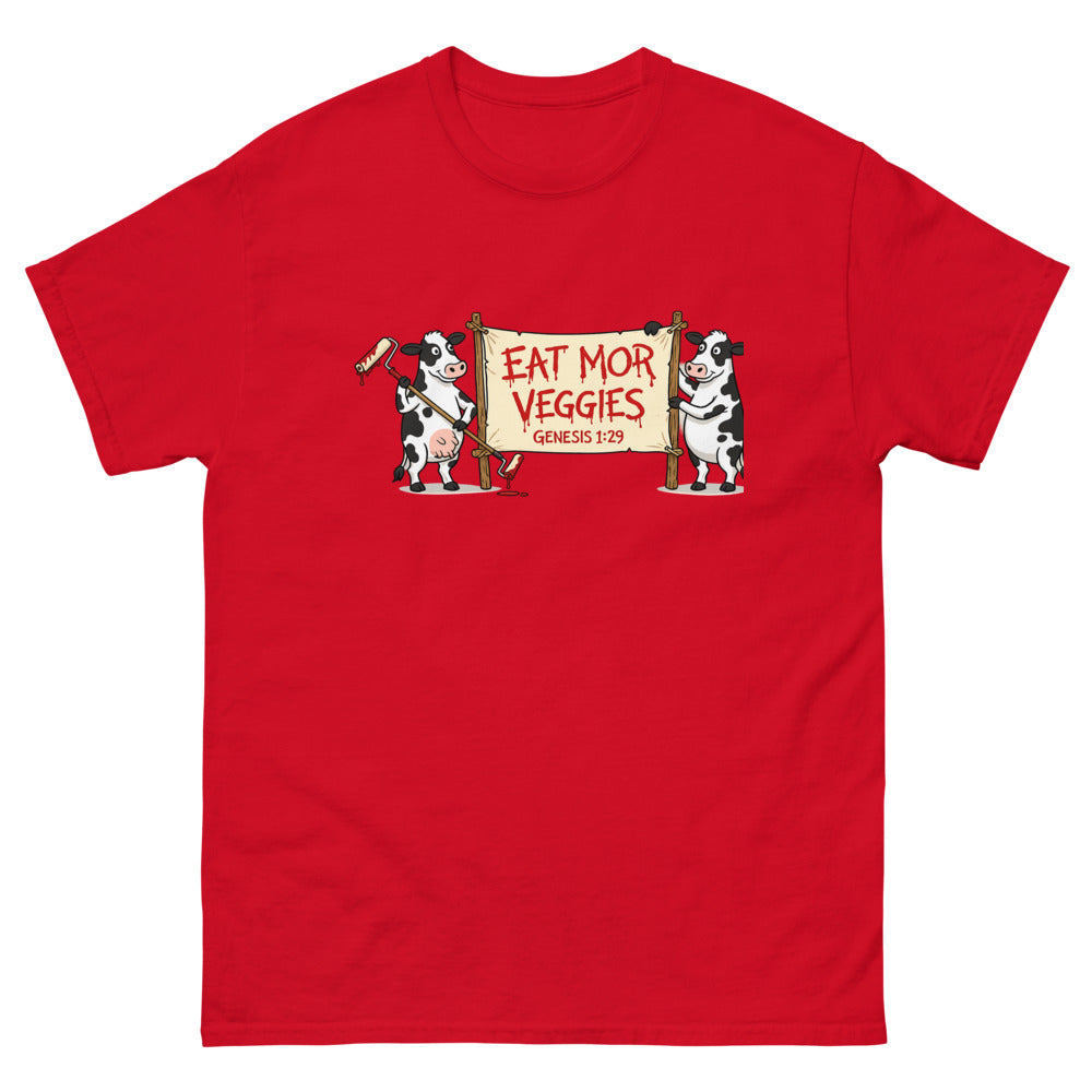Two cartoon cows holding a banner reading Eat Mor Veggies, Genesis 1:29 on a Red shirt