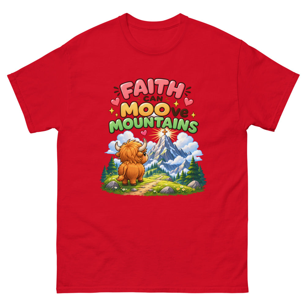 Cartoon highland cow looking at a mountain with the words Faith Can Moo-ve Mountains on a Red shirt