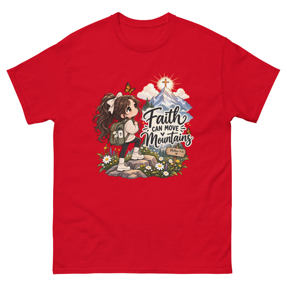 Chibi hiker girl looking at a mountain with a cross and the words Faith Can Move Mountains on a Red shirt