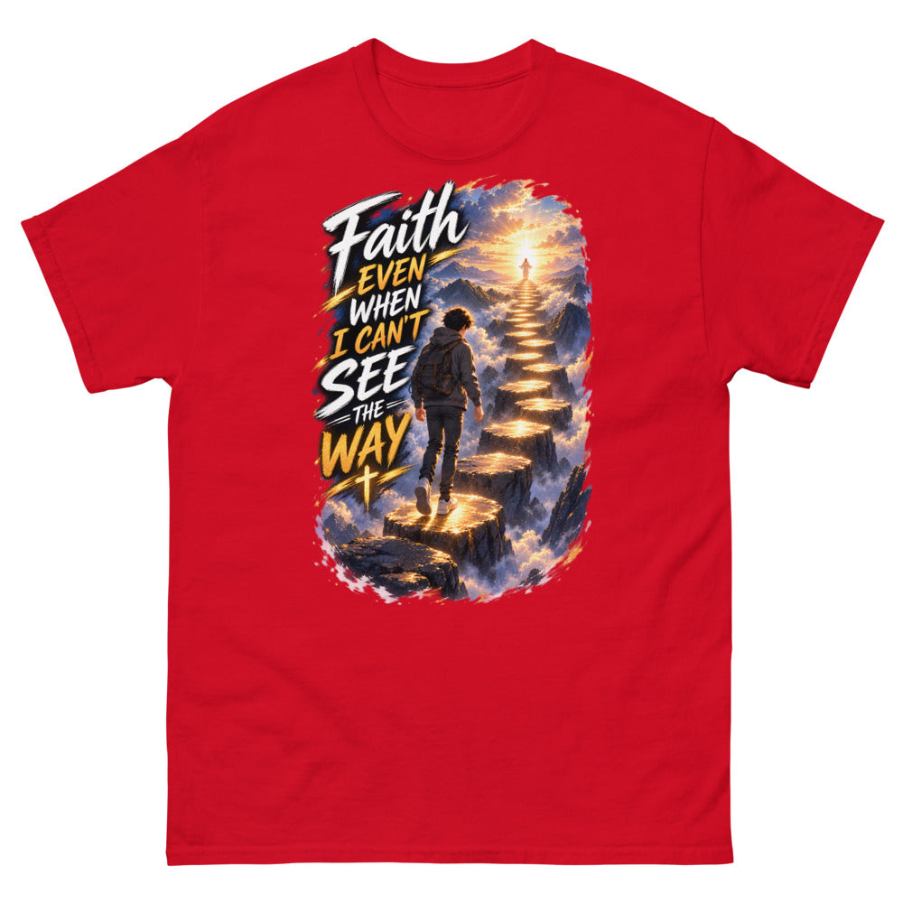 Anime boy climbing a glowing stairway in the clouds with the words Faith Even When I Can't See The Way on a Red shirt
