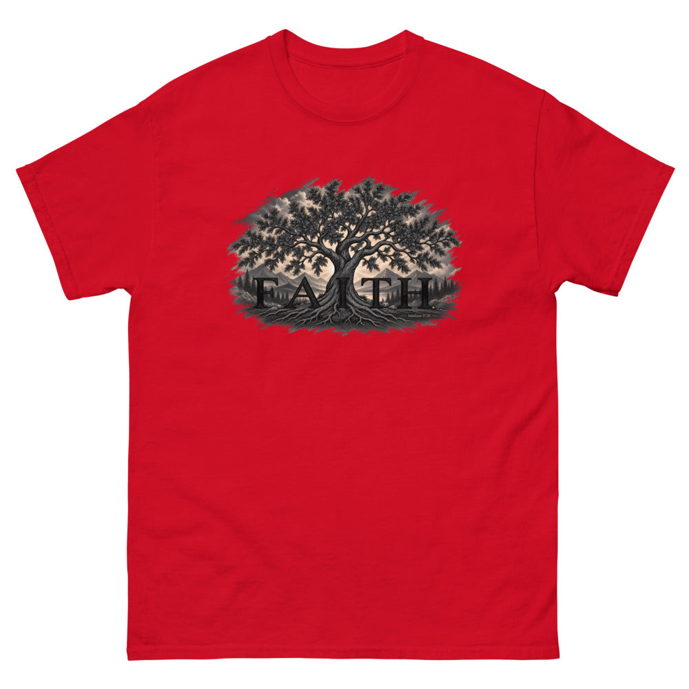 Engraved tree growing through the word Faith with Matthew 17:20 on a Red shirt