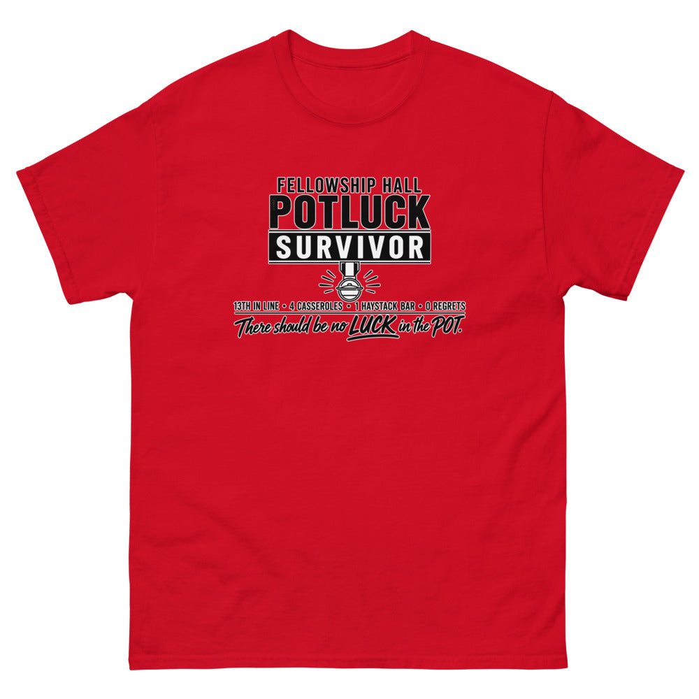 Military style badge reading Fellowship Hall Potluck Survivor with a medal on a Red shirt