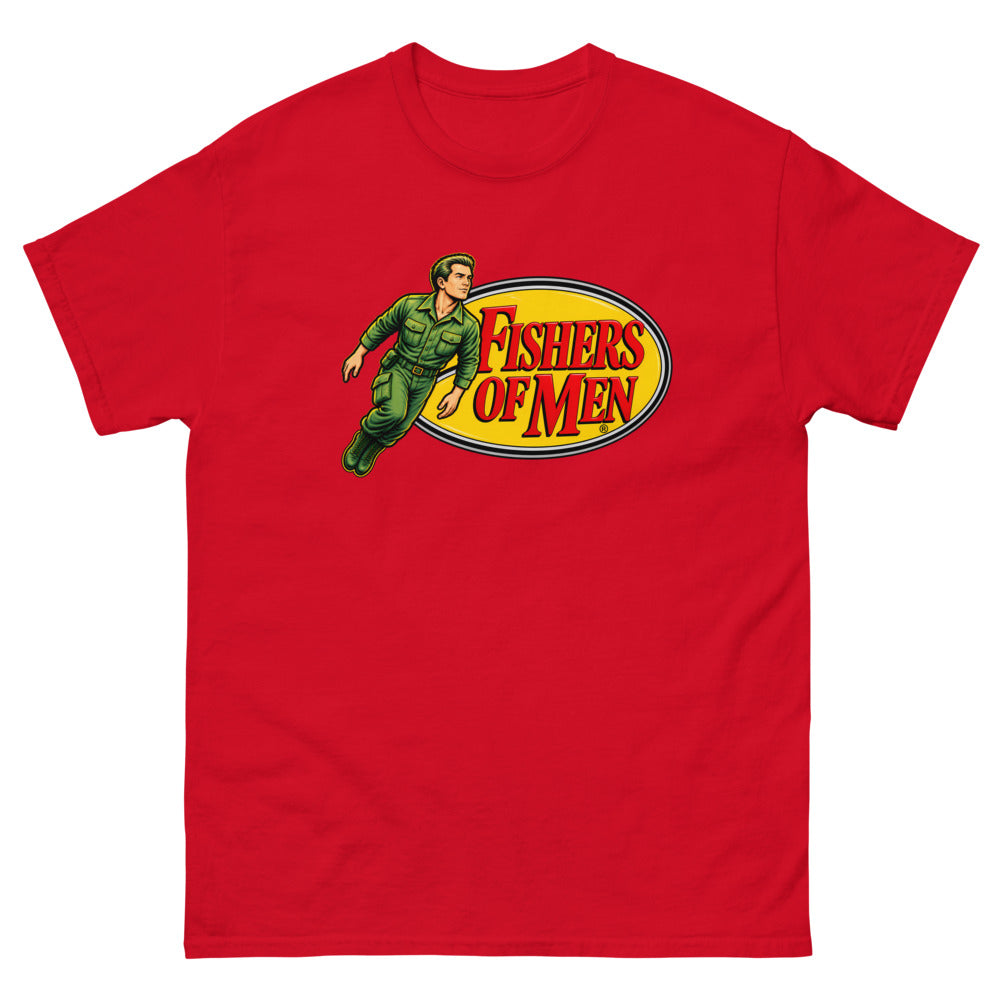 Action figure toy logo parody with a figure leaping from a yellow oval reading Fishers of Men on a Red shirt
