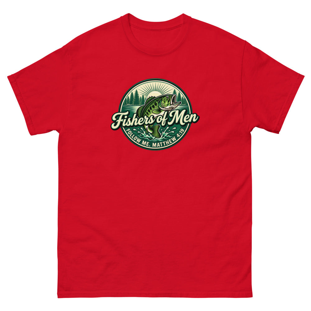 Green circular badge with a leaping bass reading Fishers of Men, Matthew 4:19 on a Red shirt