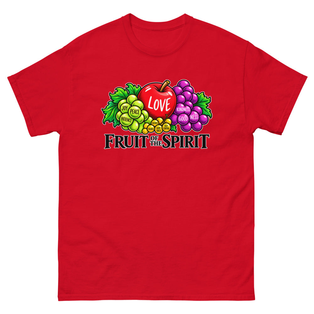 Illustrated fruit labelled with the fruit of the spirit under the words Fruit Of The Spirit on a Red shirt