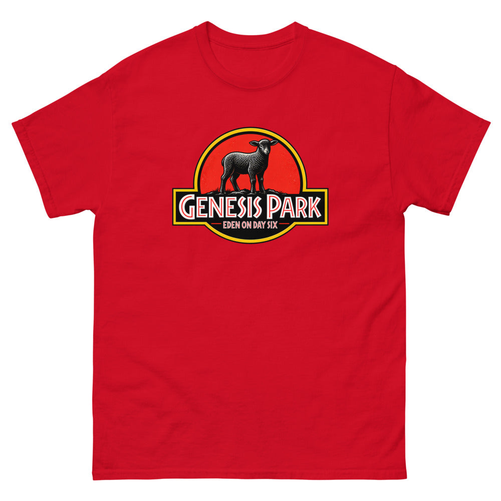 Movie logo parody with a lamb silhouette reading Genesis Park, Eden On Day Six on a Red shirt