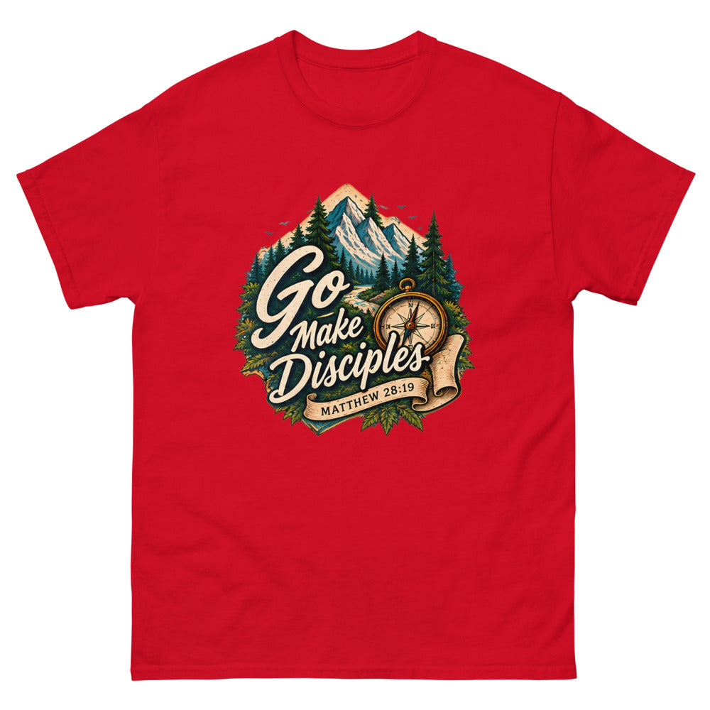 Compass over a mountain trail badge reading Go Make Disciples on a Red shirt