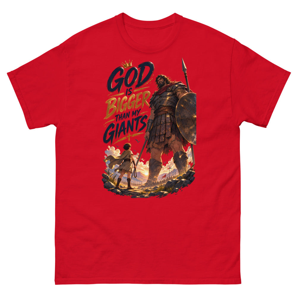 Anime David facing Goliath with the words God Is Bigger Than My Giants on a Red shirt
