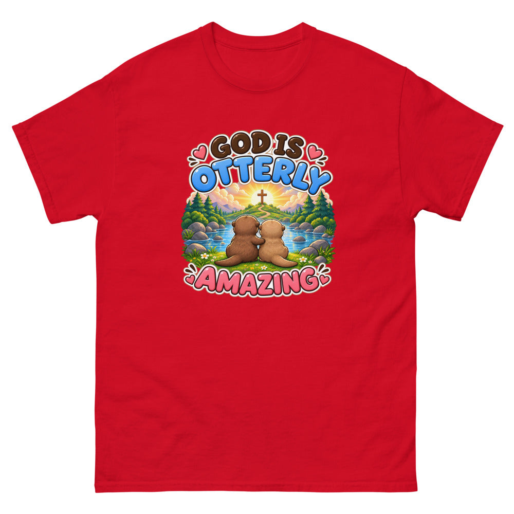 Two otters watching a sunrise with a cross and the words God Is Otterly Amazing on a Red shirt