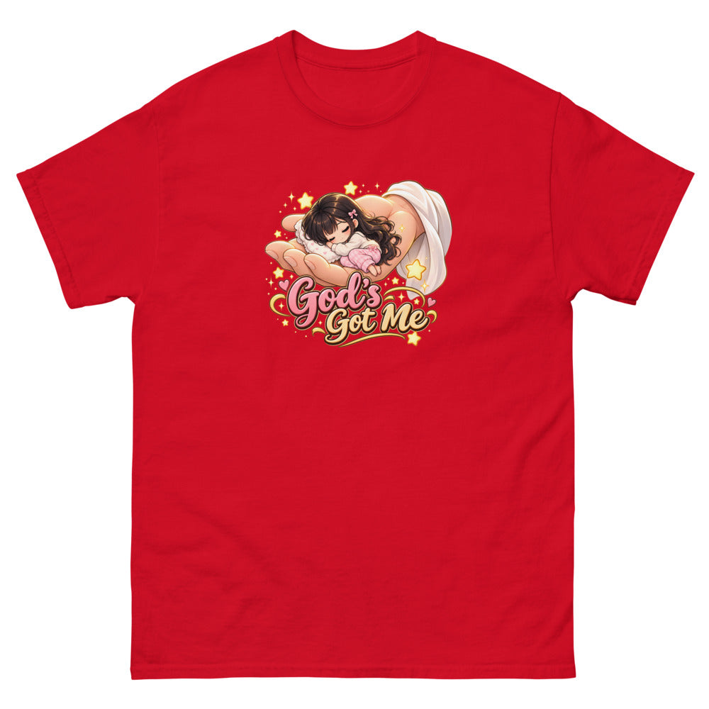 Chibi girl sleeping in the palm of God's hand with the words God's Got Me on a Red shirt