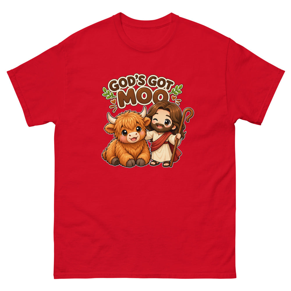 Cartoon highland cow with chibi Jesus and the words God's Got Moo on a Red shirt
