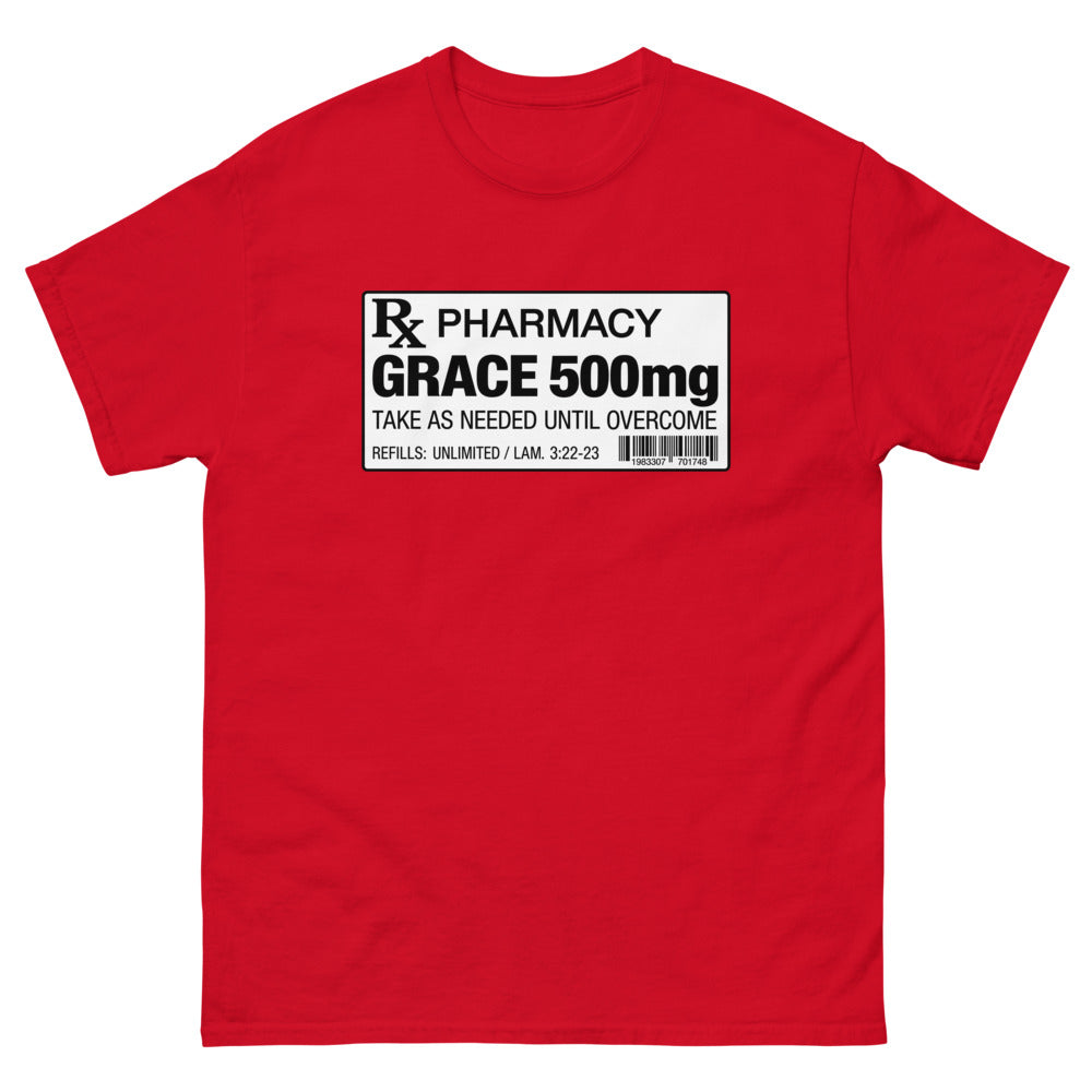 Pharmacy prescription label reading Grace 500mg, refills unlimited on a Red shirt