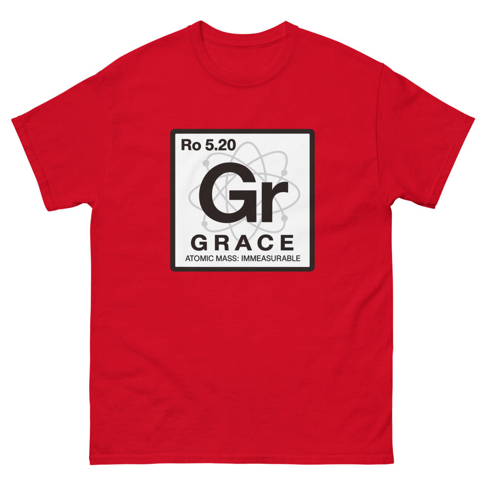 Periodic table tile reading Gr, Grace, atomic mass immeasurable on a Red shirt