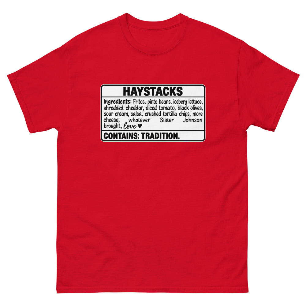 Ingredients label for haystacks ending with Contains: Tradition on a Red shirt