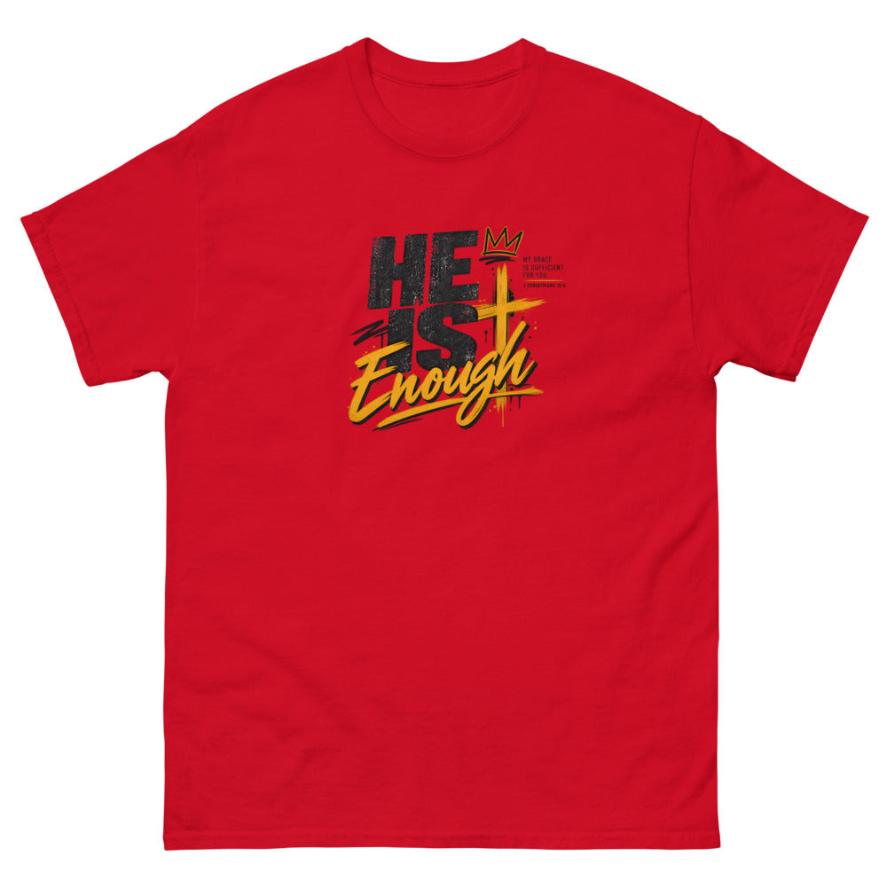 Graffiti style lettering with a crown and gold cross reading He Is Enough on a Red shirt