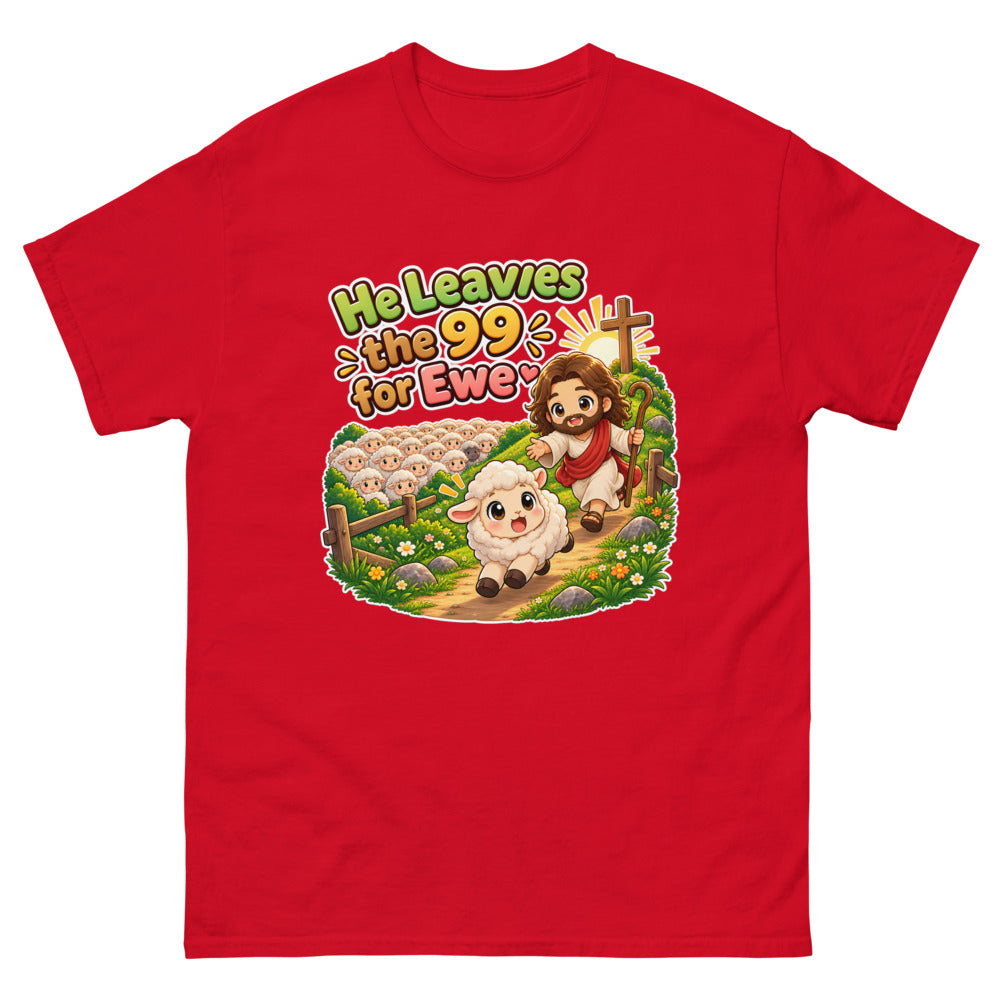 Chibi Jesus chasing one lamb away from the flock with the words He Leaves The 99 For Ewe on a Red shirt