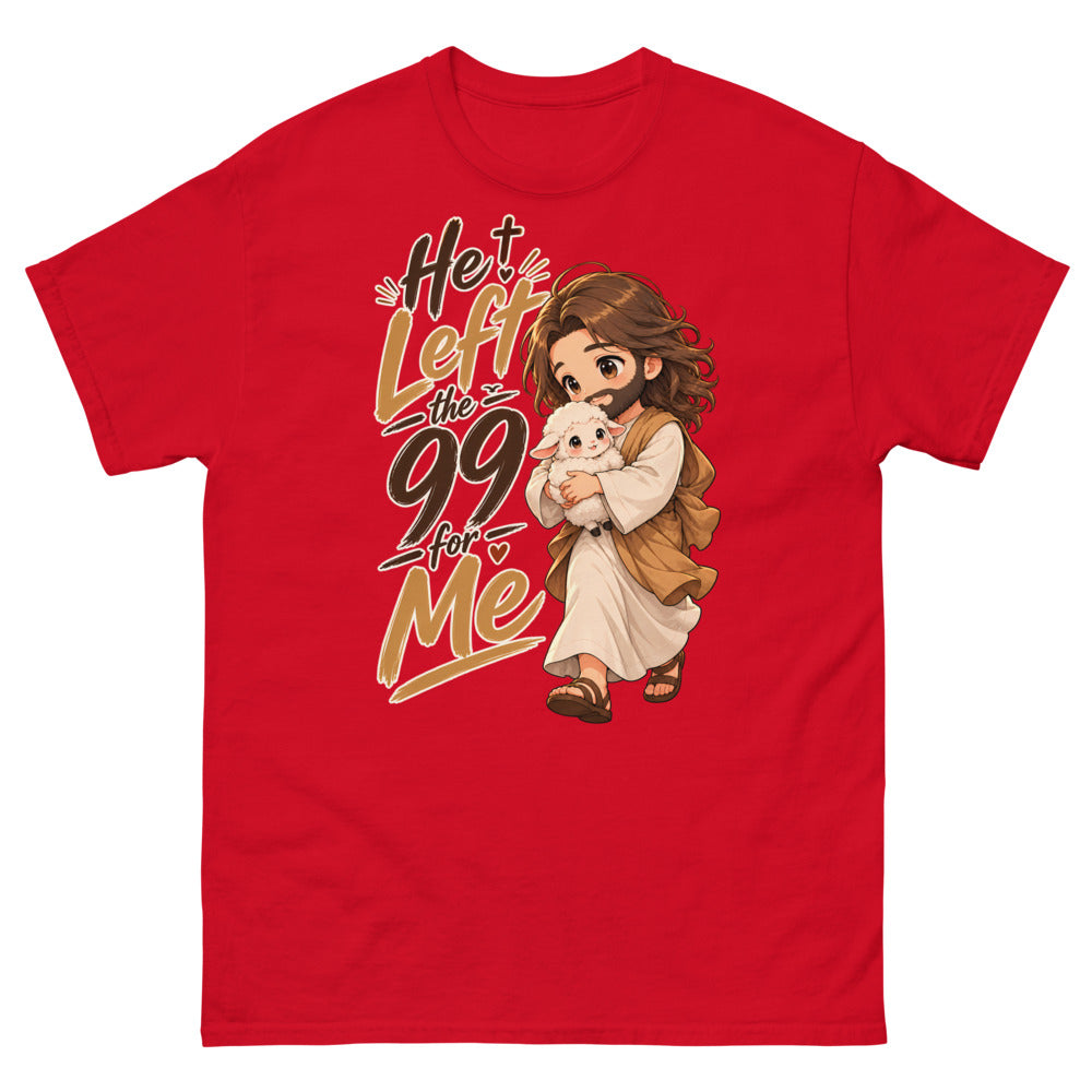 Chibi Jesus carrying a lamb with the words He Left The 99 For Me on a Red shirt