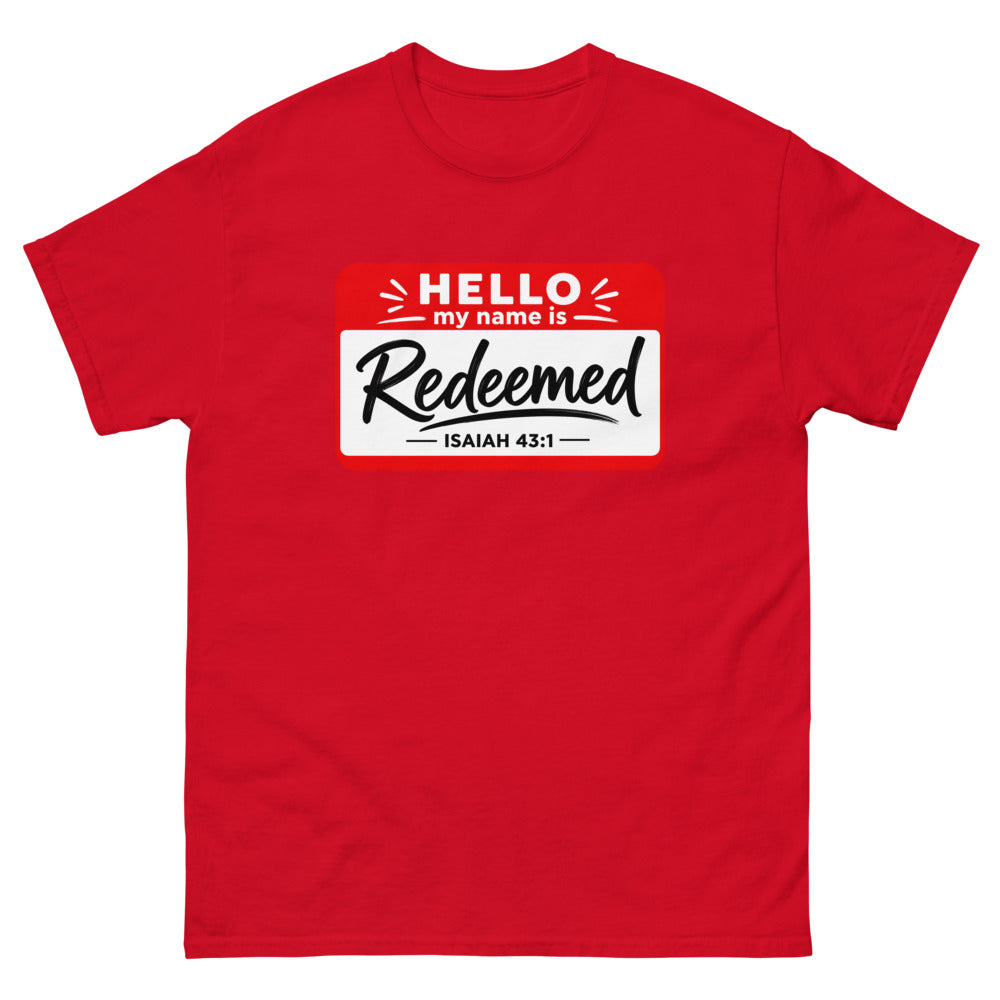 Red and white name badge reading Hello my name is Redeemed, Isaiah 43:1 on a Red shirt