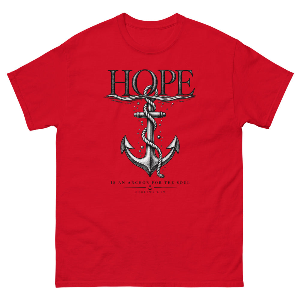 Engraved anchor below the waterline with the words Hope Is An Anchor For The Soul on a Red shirt