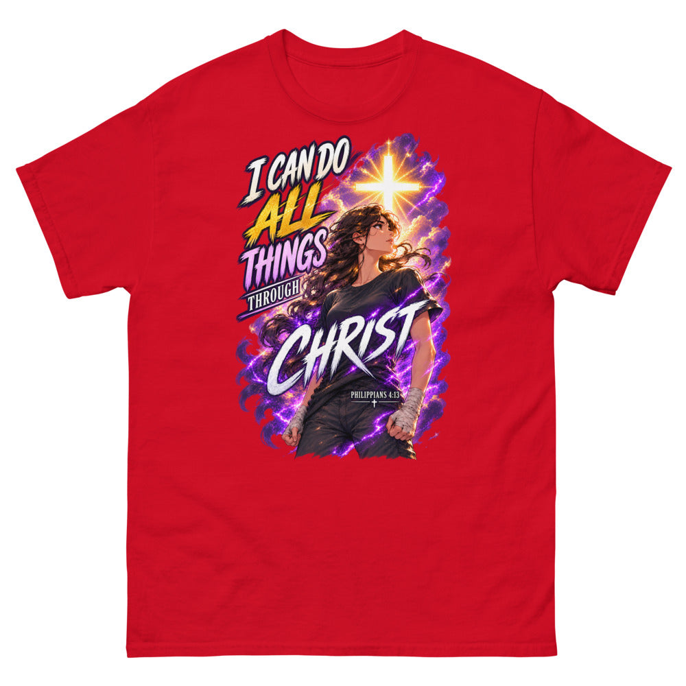 Anime woman under a glowing cross with the words I Can Do All Things Through Christ on a Red shirt
